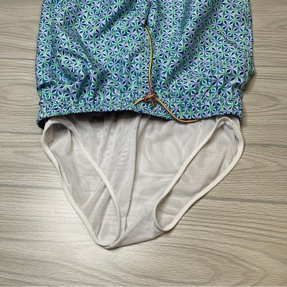 Bugatchi Mid Length 7” Blue Green Geometric Swim Lined Shorts Trunks Mens Size M - Picture 10 of 13